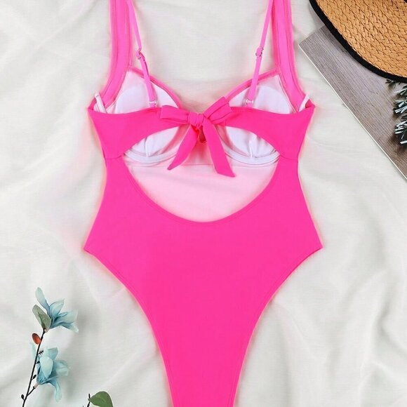 Pink Contemporary Women's European Sexy Spliced Color One-Piece Swimsuit - Picture 3 of 6